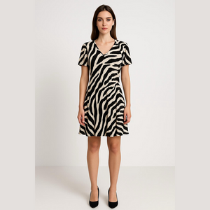 Midnight Velvet Zebra Print Midi Dress Black White Medium
